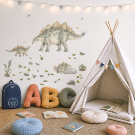 Stegosaurus Family Wall Decal Pack Displayed in Playroom with Tent