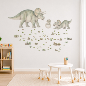 Triceratops Family Wall Decal Pack Displayed above Kids Table — Close Up